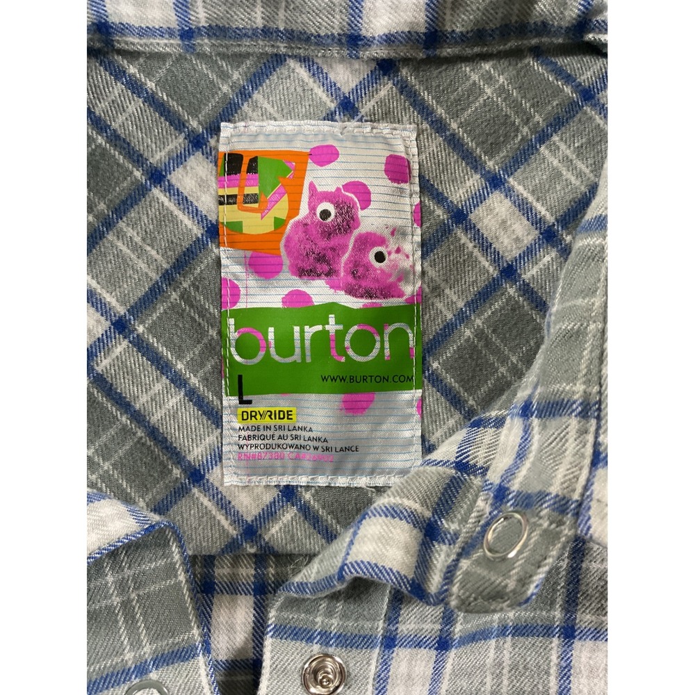 Burton Dryride Plaid Flannel Shirt Mens Large Grey Blue Snap Front LS 1179 - Picture 2 of 7